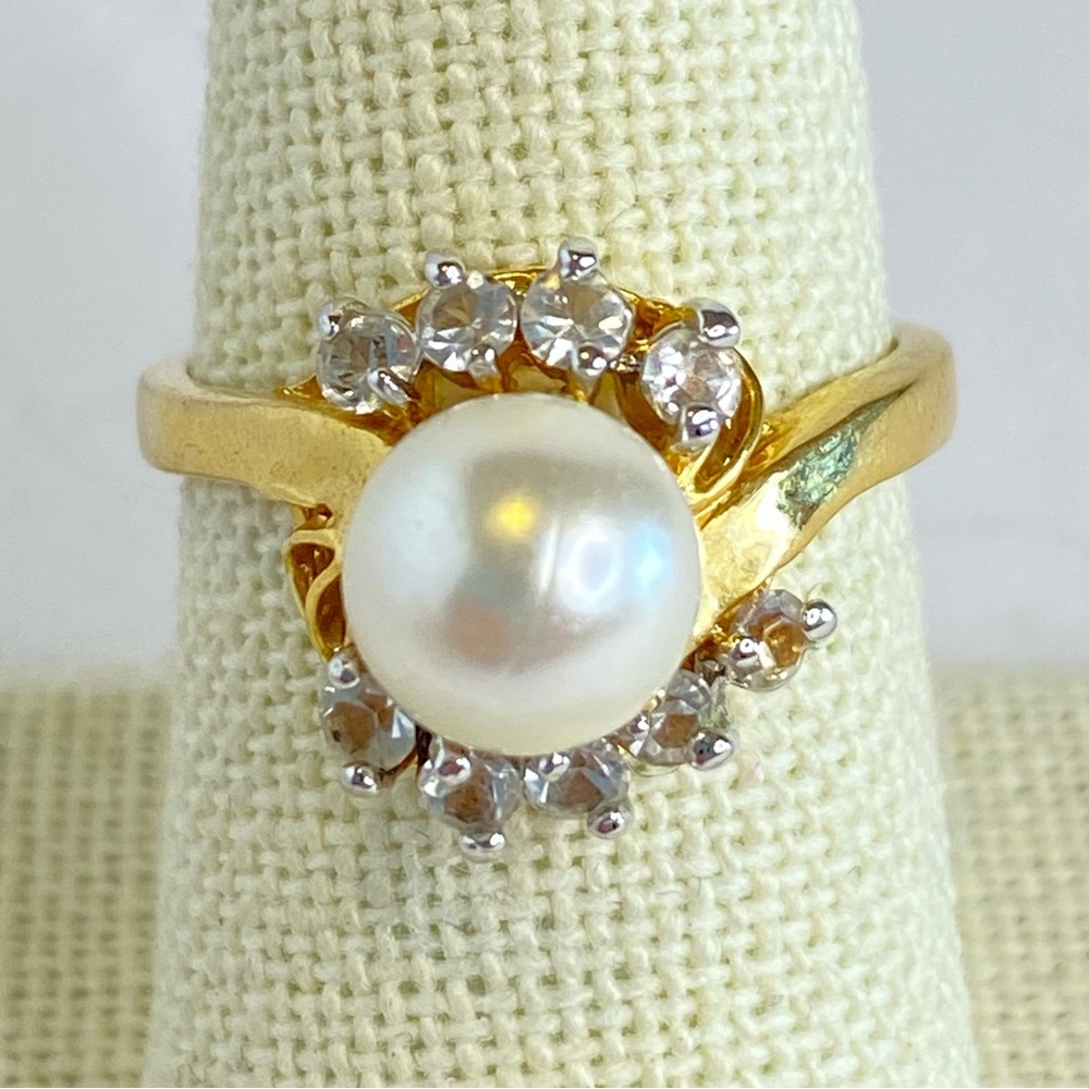 Vintage 14K Gold Electroplate Pearl Cocktail Ring Clear Accent Stones Size 8.25